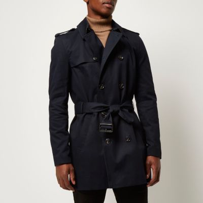 Navy smart double breasted trench coat